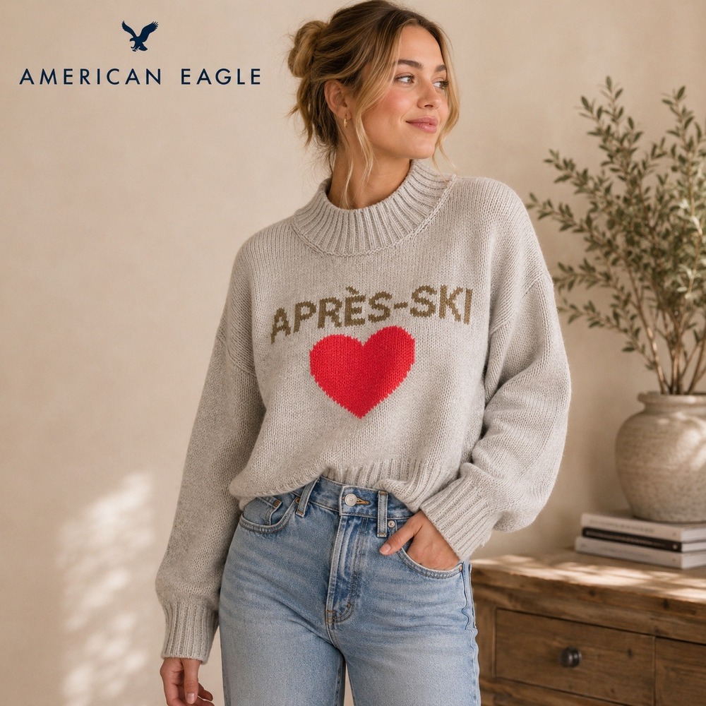 American Eagle Apres-Ski Heart Mock Neck Sweater Gray XS Pullover Knit Graphic